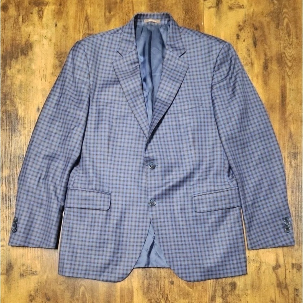 PETER MILLAR Blazer Mens 46R Wool Shepherd Check Gingham Sport Coat Notch Blue